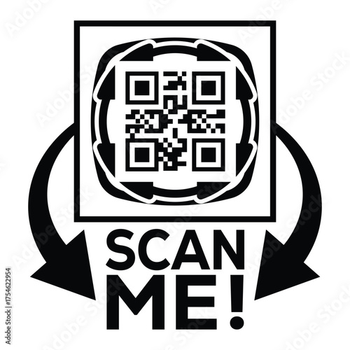 A bold, black and white vector graphic featuring a QR code centered in a square with targeting marks. Large arrows point to the text "SCAN ME!", creating a compelling call-to-action for immediate digi