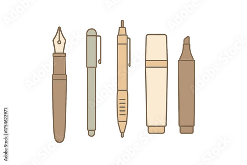 Collection of essential writing instruments including fountain pen, ballpoint pen, and markers
