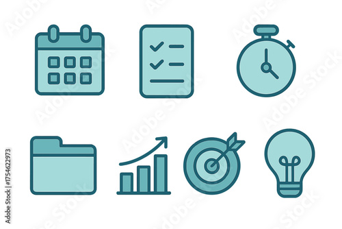 Essential business planning and productivity icons set featuring calendar, checklist, and goal target