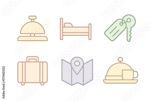 Pastel outline symbols for essential hotel services and travel accommodation