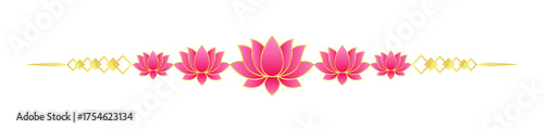 Horizontal Lotus Floral Border, separator, Ornamental Vector Design with Gold Accents. Ideal for in invitations, border and festive design