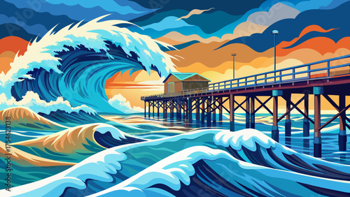 Very beautiful dramatic ocean scene showing huge waves from Hurricane Florence crashing powerfully against a wooden pier in the Outer Banks, North Carolina, under stormy skies and fierce coastal winds