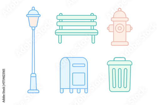 Essential public street furniture and utility objects: lamppost, bench, fire hydrant, mailbox, trash bin