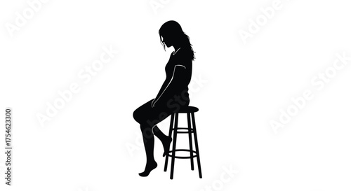 Silhouette of a Pensive Woman Seated on a Stool Isolated on White