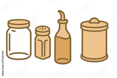Kitchen storage vessels and seasoning dispensers set on a clean white background