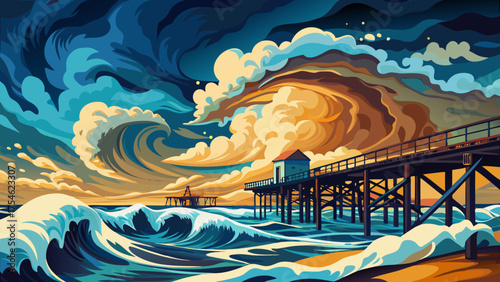 Very beautiful dramatic ocean scene showing huge waves from Hurricane Florence crashing powerfully against a wooden pier in the Outer Banks, North Carolina, under stormy skies and fierce coastal winds