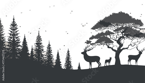 A black silhouette vector illustration of a deer in a forest landscape at sunset