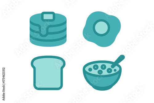 Set of flat graphic breakfast icons including pancakes, fried egg, toast, and cereal
