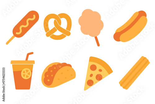 Graphic icons representing popular fast food items like corn dog, pretzel, hot dog, taco, pizza, and soda