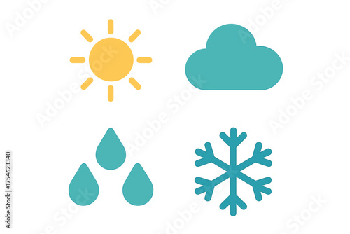 Basic weather conditions forecast symbols set featuring sun cloud rain and snow
