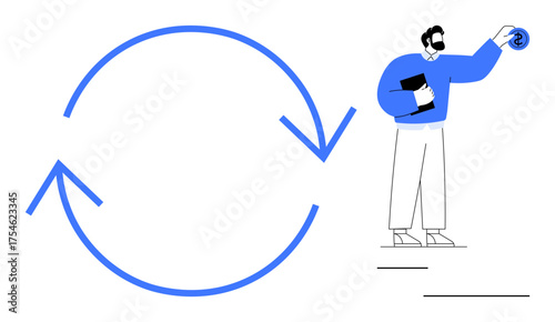 Circular blue arrows symbolize an ongoing process as a person holds a coin. Ideal for finance, business growth, investment, savings, process management, sustainability, and economic cycle concepts