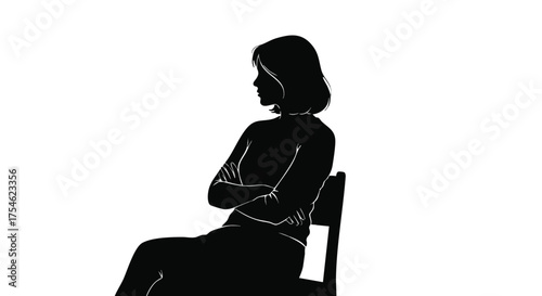 Silhouette of a woman sitting on a chair with arms crossed, looking away from the camera.