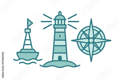 Coastal lighthouse, navigational buoy, and compass rose symbols for sea navigation