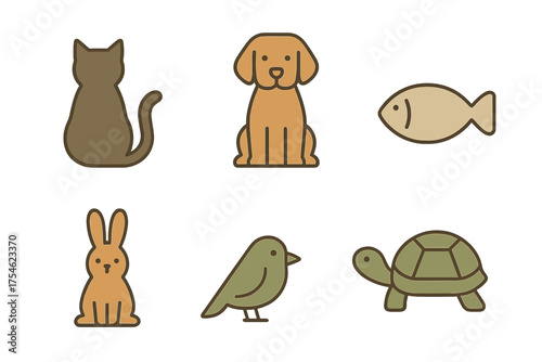Minimalist collection of six different animal symbols including cat dog fish rabbit bird turtle