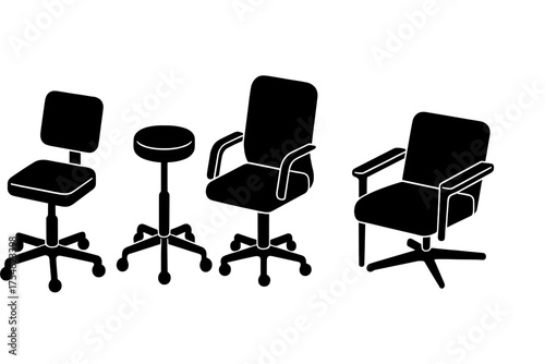 Ergonomic office furniture icons set featuring swivel chairs and adjustable stools