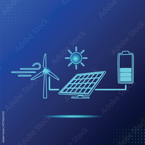 Clean Energy Storage System Blue Outline Wind Turbine Solar Panel Battery Dark Blue Background