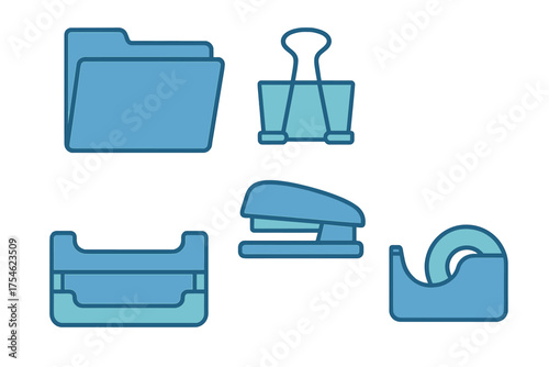 Blue office supplies featuring folder, stapler, binder clip, and tape dispenser