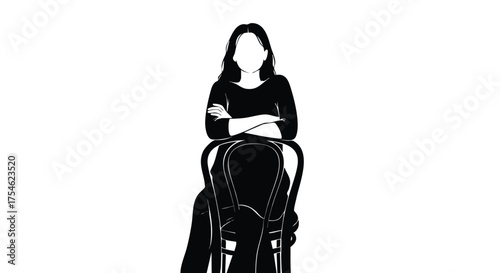 Silhouette of a woman sitting with her arms crossed on a chair, minimalist graphic art