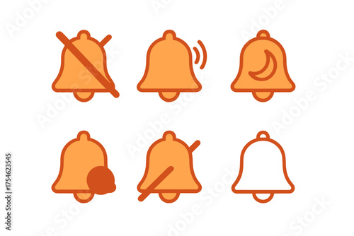 Six orange notification bell icons showing alert, silent, and do not disturb modes