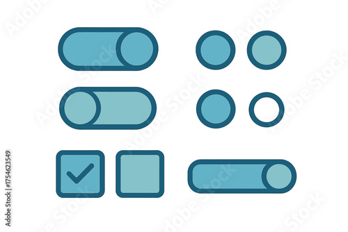 Modern blue user interface elements set including toggle switches radio buttons and checkboxes