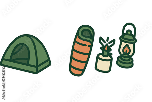 Collection of essential outdoor camping gear including tent, sleeping bag, portable stove, and lit lantern