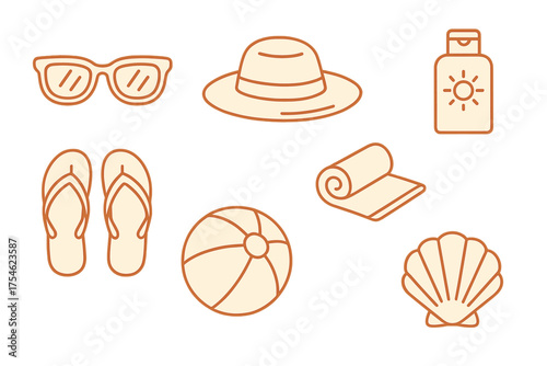 Essential summer beach objects set with sunglasses sun hat sunscreen flip flops and seashell icons