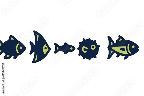 Stylized assortment of marine animals including various fish silhouettes and a spiky sea creature