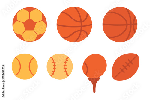 Six sports balls set including soccer, basketball, tennis, baseball, golf, and football