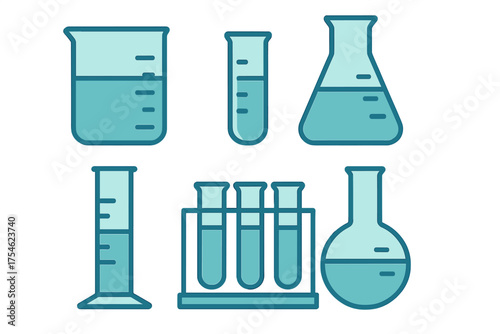 Essential chemistry laboratory glassware and scientific equipment set in blue and teal