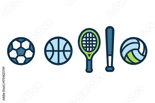 Collection of essential sports gear icons including soccer, basketball, tennis, baseball, and volleyball equipment