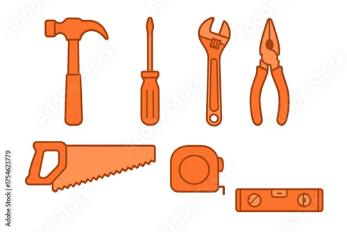 Essential set of construction and repair tools including hammer, saw, wrench, screwdriver, and pliers