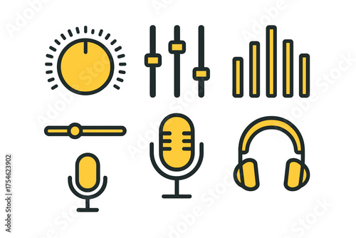 Sound and music production equipment symbols including volume control, equalizer, microphone, and headphones
