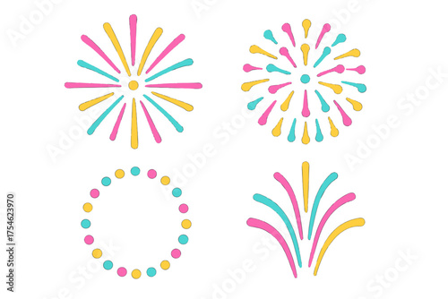 Set of four colorful stylized fireworks bursts and celebration elements for party design