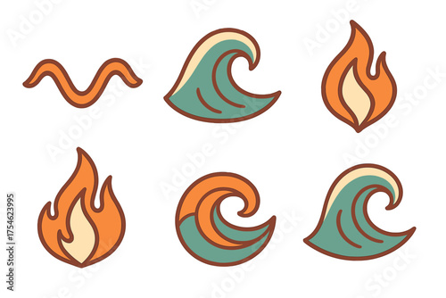 Retro style icon collection featuring fire flames and ocean waves in a vintage color palette