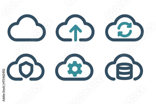 Cloud computing service icons showing data upload synchronization security settings and storage symbols