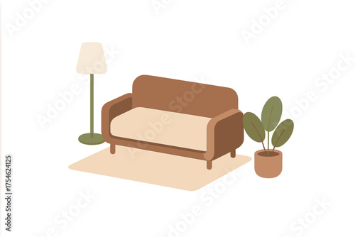 Minimalist living room interior with brown sofa, floor lamp, and potted houseplant on a rug