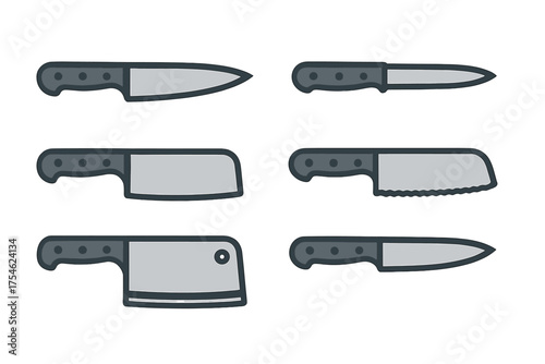 Essential kitchen cutlery tools collection including chef knife, utility knife, cleaver, and serrated blade