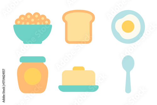 Flat graphic collection of breakfast food items: cereal, toast, fried egg, jam, butter, and spoon