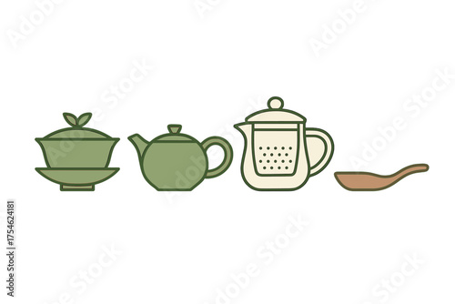 Set of traditional and modern tea brewing equipment including teapots, gaiwan, and scoop
