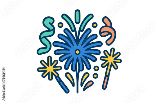 Colorful festive fireworks explosion with sparklers and streamers for celebration