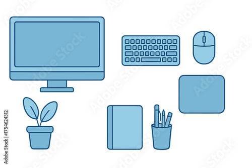 Modern workspace setup elements including computer monitor keyboard mouse and office supplies
