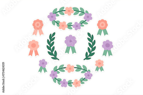 Colorful floral wreaths, laurel branches, and award rosette ribbons set