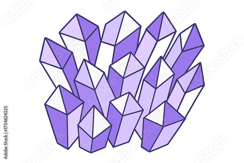 Stylized cluster of purple amethyst quartz crystals isolated on white background