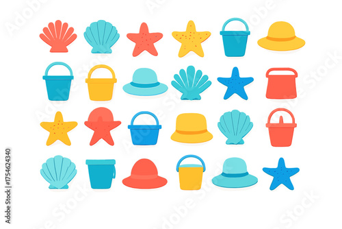 Brightly colored assortment of beach vacation essentials including scallop shells, starfish, sand buckets, and sun hats