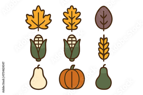 Colorful autumn harvest icons set featuring pumpkin, corn, maple leaves, wheat, and ripe pears