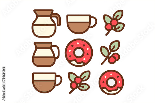Minimalist icons of coffee pitchers, mugs, glazed donuts, and coffee berry branches
