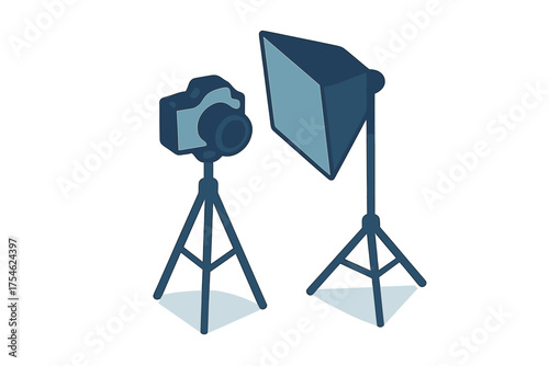 Professional photography studio equipment setup with camera on tripod and softbox light stand
