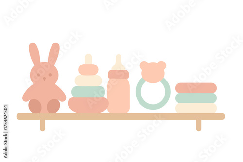 Cute pastel baby toys and accessories displayed on a simple wooden shelf for nursery decor