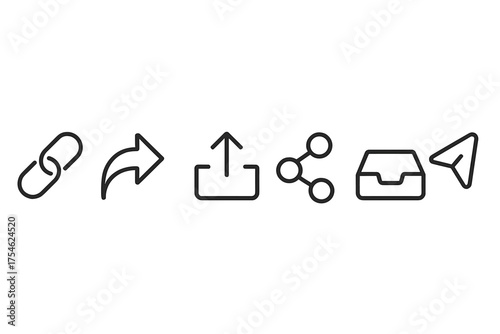 Essential user interface icons for web and mobile applications covering link, share, upload, and send