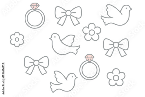 Minimalist wedding and engagement symbols pattern with diamond rings doves bows and flowers
